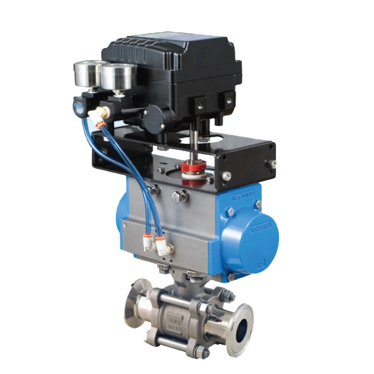 BONOMI V-PORT CONTROL VALVE WITH SERIES 770 3-PIECE SANITARY TRI-CLAMP NON-CAVITY FILLED ST. ST. BODY BALL VALVE AND VALBIA PNEUMATIC ACTUATOR WITH ELECTRO-PNEUMATIC POSITIONER