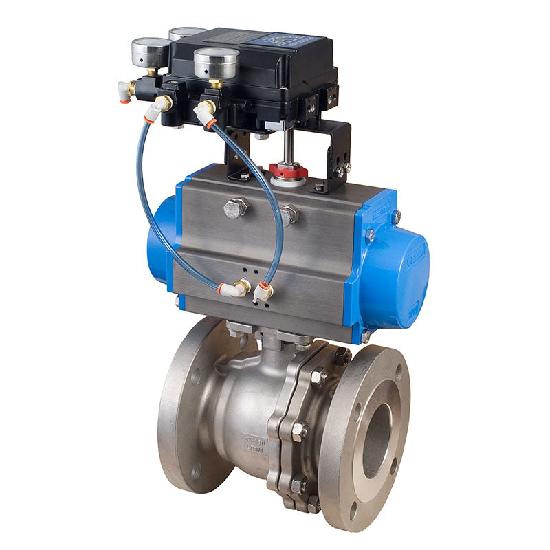 BONOMI V-PORT CONTROL VALVE WITH VALPRES SERIES VF300 VF600 VF900 SPLIT BODY FLANGED ANSI CLASS 150 ST. ST. BODY BALL VALVE AND PNEUMATIC ACTUATOR WITH PNEUMATIC POSITIONER