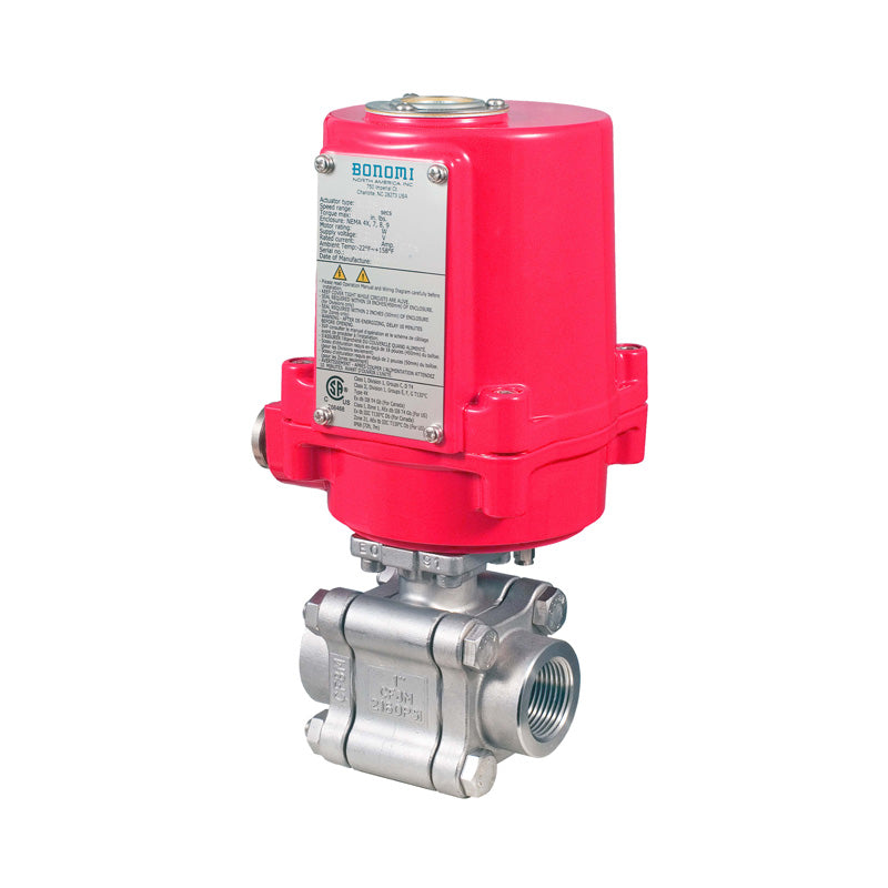 BONOMI EXM8E0740H WITH SERIES 740H 2-WAY ST. ST. BODY 3-PIECE NPT BALL VALVE AND VALBIA CSA APPROVED EXPLOSION PROOF ELECTRIC ACTUATOR