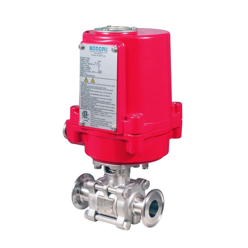 BONOMI EXM8E0770 WITH SERIES 770 2-WAY ST. ST. BODY 3-PIECE SANITARY TRI-CLAMP NON-CAVITY FILLED BALL VALVE AND VALBIA CSA APPROVED EXPLOSION PROOF ELECTRIC ACTUATOR