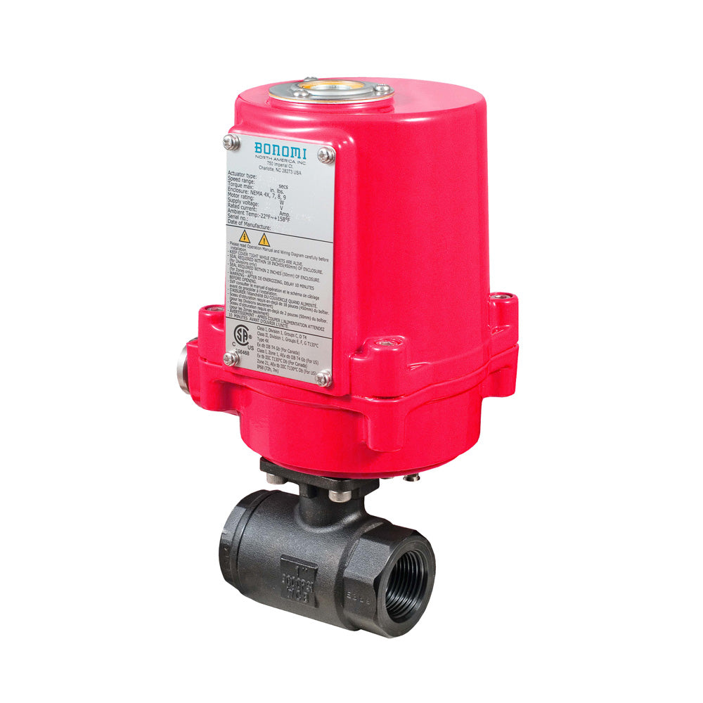 BONOMI EXM8E3000 WITH SERIES 3000 2-WAY CARBON STEEL 2-PIECE NPT BALL VALVE AND VALBIA CSA APPROVED EXPLOSION PROOF ELECTRIC ACTUATOR