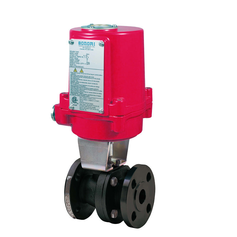 BONOMI EXM8E68F000 WITH SERIES 68F000 2-WAY CARBON STEEL ANSI CLASS 150 FIRE SAFE DESIGN FLANGED SPLIT BODY BALL VALVE AND VALBIA CSA APPROVED EXPLOSION PROOF ELECTRIC ACTUATOR