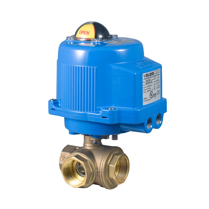 BONOMI M8E066LF WITH SERIES RB 365NLF 3-WAY LEAD FREE BRASS NPT BALL VALVE AND METAL VALBIA ELECTRIC ACTUATOR