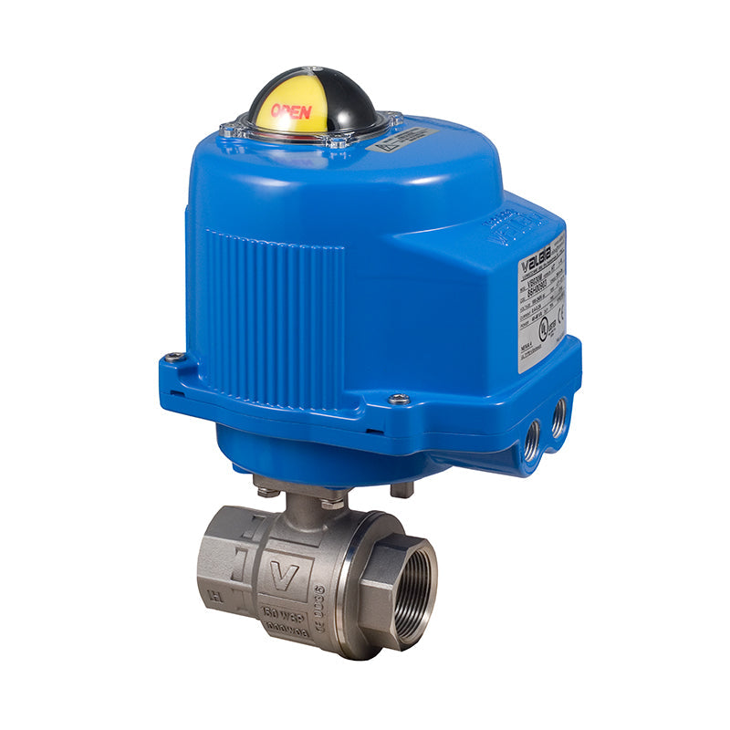 BONOMI V-PORT CONTROL VALVE WITH VALPRES SERIES 700076 2-PIECE NPT ST. ST. BODY BALL VALVE AND METAL VALBIA ELECTRIC ACTUATOR