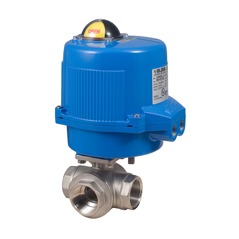 BONOMI M8E071 WITH SERIES 956N 3-WAY FULL T-PORT ST. ST. BODY NPT BALL VALVE AND METAL VALBIA ELECTRIC ACTUATOR