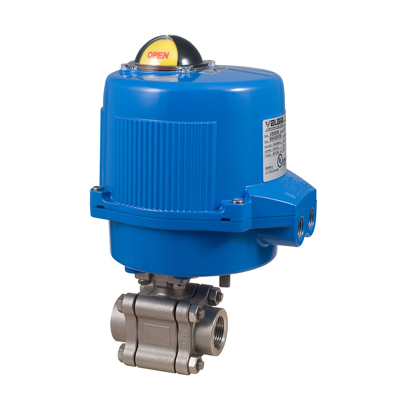 BONOMI V-PORT CONTROL VALVE WITH SERIES 730LL 3-PIECE ENCAPSULATED BOLTS NPT ST. ST. BODY BALL VALVE AND METAL VALBIA ELECTRIC ACTUATOR