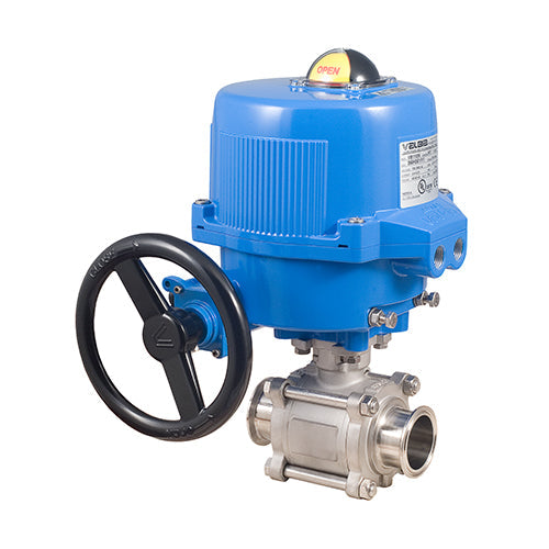 BONOMI M8E0770 WITH SERIES 770 2-WAY ST. ST. BODY 3-PIECE SANITARY TRI-CLAMP NON-CAVITY FILLED BALL VALVE AND METAL VALBIA ELECTRIC ACTUATOR