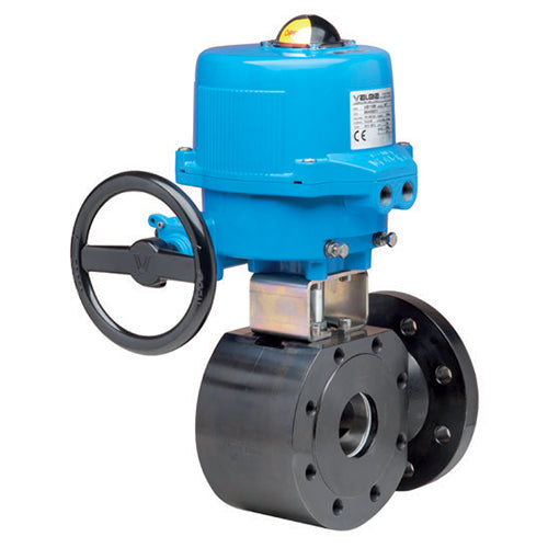BONOMI M8E086 WITH SERIES 776032 3-WAY REDUCED L-PORT CARBON STEEL ANSI CLASS 150 FLANGED BALL VALVE AND METAL VALBIA ELECTRIC ACTUATOR