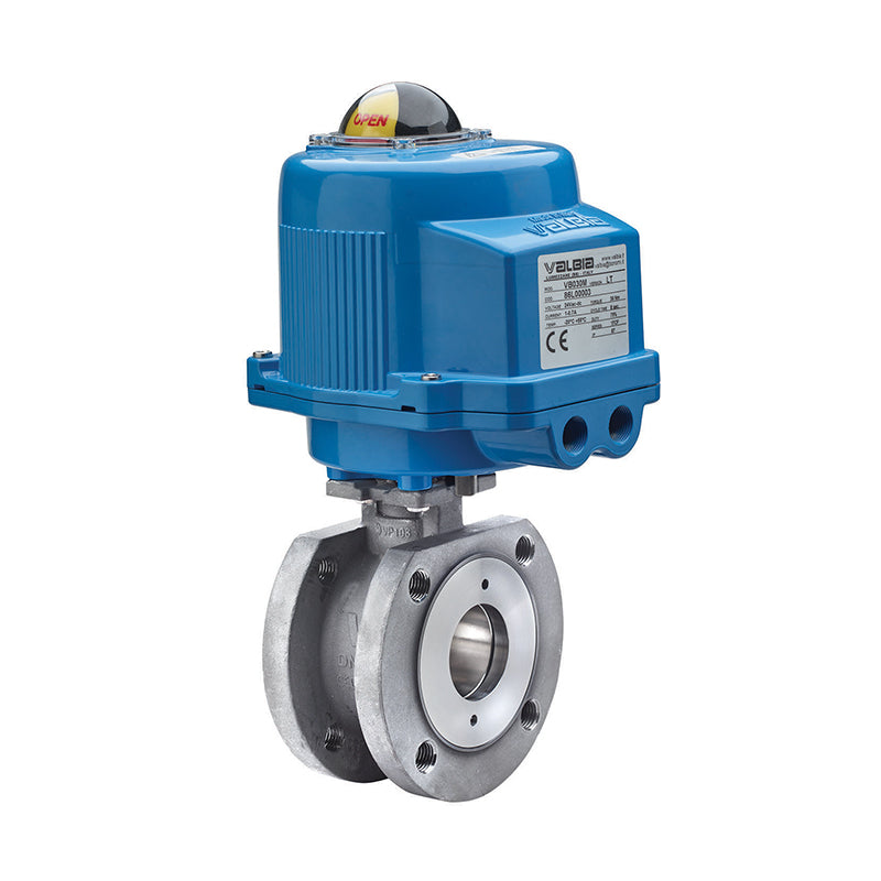 BONOMI V-PORT CONTROL VALVE WITH VALPRES SERIES 720370 WAFER STYLE FLANGED ANSI CLASS 150 ST. ST. BODY BALL VALVE AND METAL VALBIA ELECTRIC ACTUATOR