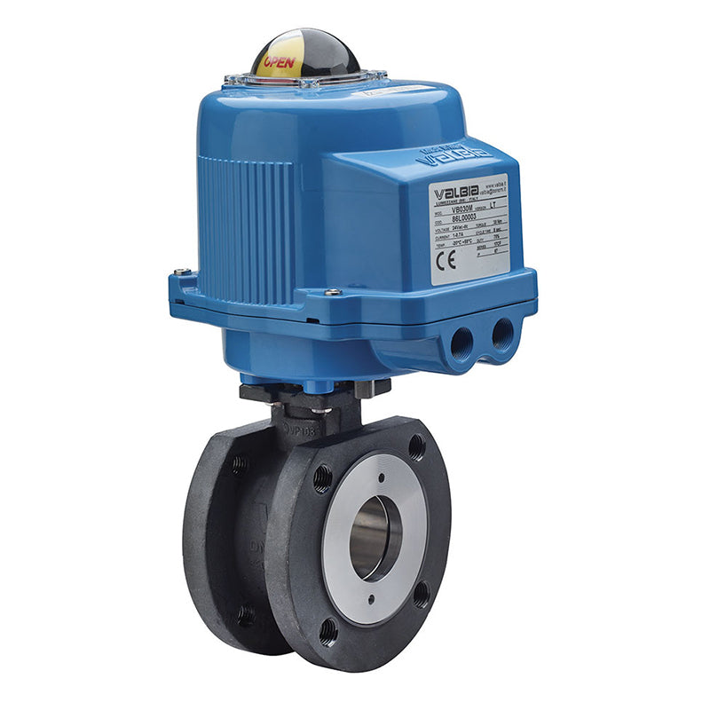 BONOMI V-PORT CONTROL VALVE WITH VALPRES 724102 WAFER STYLE FLANGED ANSI CLASS 150 CARBON STEEL BALL VALVE AND METAL VALBIA ELECTRIC ACTUATOR