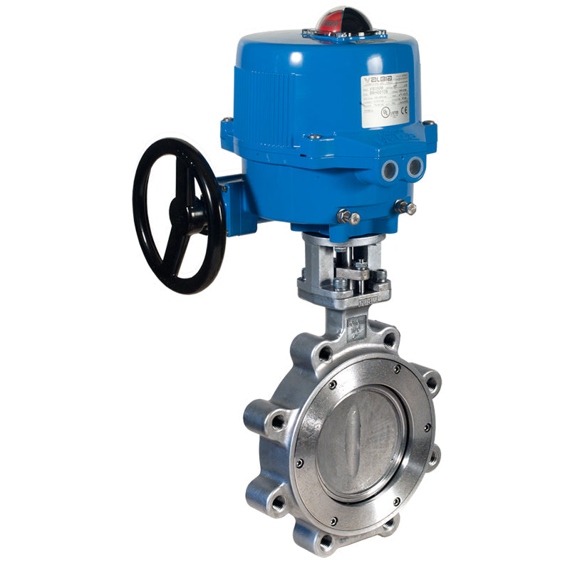 BONOMI ME9121 WITH SERIES 9121 ST. ST. BODY ST. ST. DISC METAL SEATED SEATS LUG STYLE ANSI CLASS 150 HP BUTTERFLY VALVE AND METAL VALBIA ELECTRIC ACTUATOR