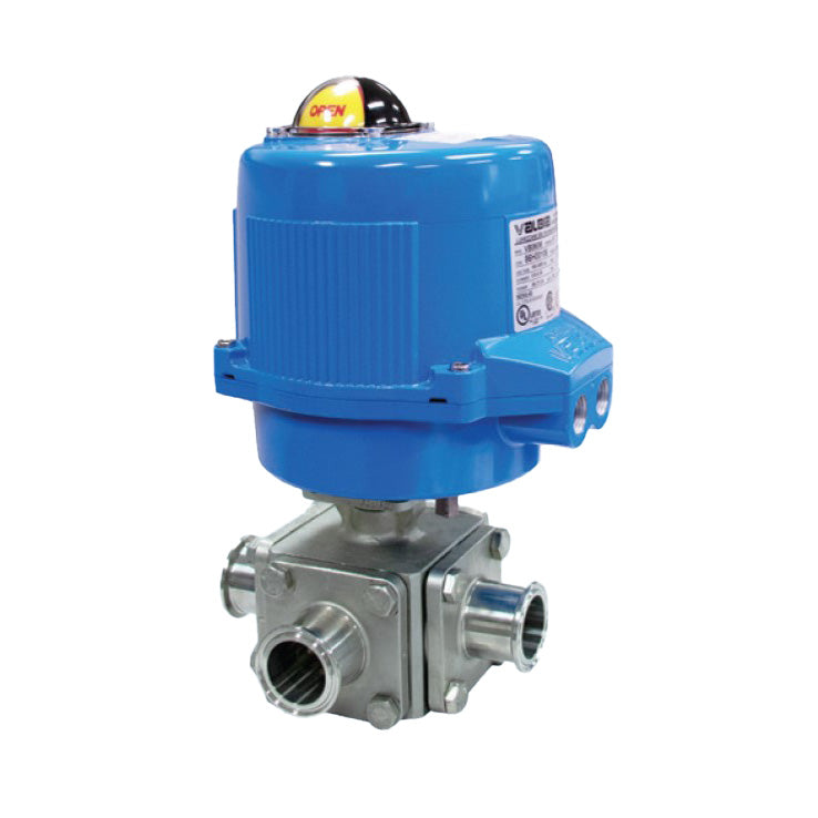 BONOMI ME97L-STC WITH SERIES 97L-STC 3-WAY FULL L-PORT ST. ST. BLOCK BODY SANITARY CONNECTION BALL VALVE AND METAL VALBIA ELECTRIC ACTUATOR