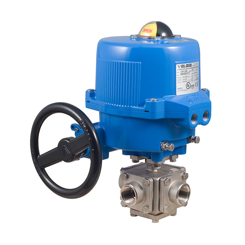 BONOMI ME97L WITH SERIES 97L 3-WAY FULL L-PORT ST. ST. BLOCK BODY NPT BALL VALVE AND METAL VALBIA ELECTRIC ACTUATOR