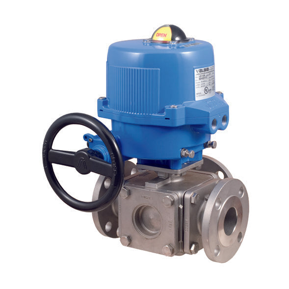 BONOMI ME97T150 WITH SERIES 97T150 3-WAY FULL T-PORT ST. ST. BLOCK BODY ANSI CLASS 150 FLANGED BALL VALVE AND METAL VALBIA ELECTRIC ACTUATOR