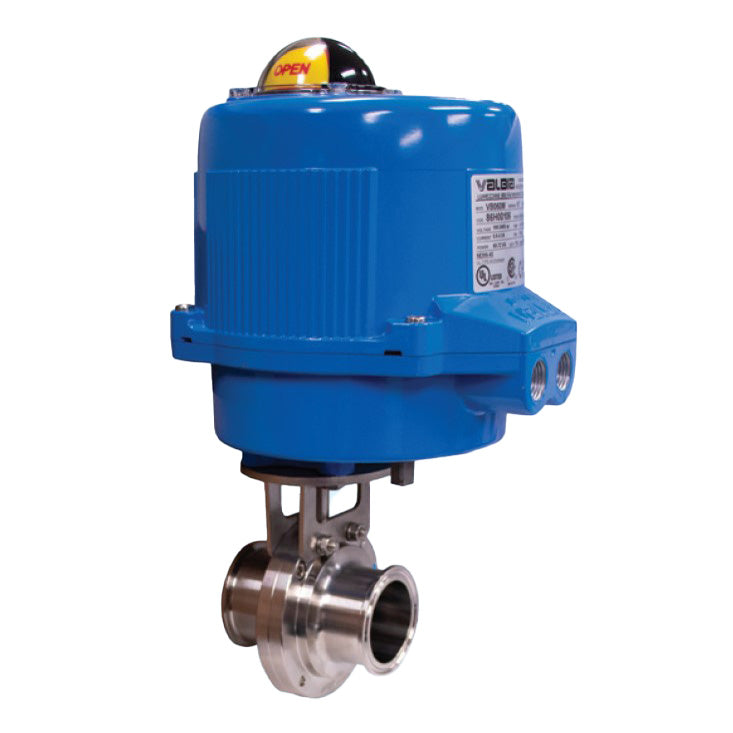 BONOMI MEBFVSTCE WITH SERIES BFVSTCE 2-WAY ST. ST. BODY SANITARY TRI-CLAMP BUTTERFLY VALVE AND METAL VALBIA ELECTRIC ACTUATOR