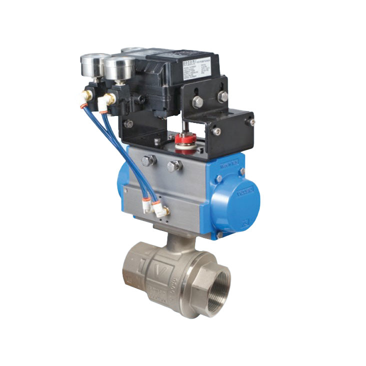 BONOMI V-PORT CONTROL VALVE WITH VALPRES SERIES 700076 2-PIECE NPT ST. ST. BODY BALL VALVE AND VALBIA PNEUMATIC ACTUATOR WITH PNEUMATIC POSITIONER