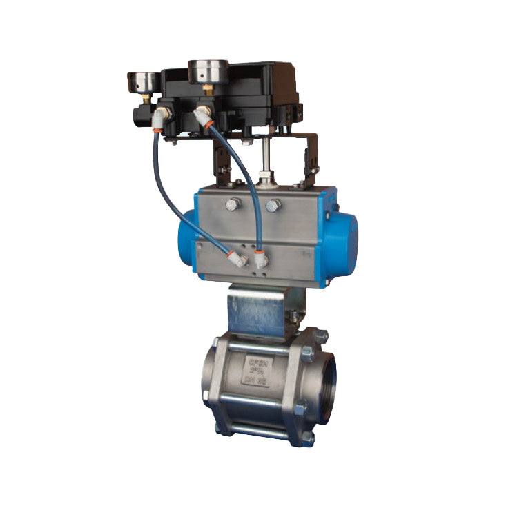 BONOMI V-PORT CONTROL VALVE WITH VALPRES SERIES 710190V 3-PIECE NPT ST. ST. BODY BALL VALVE AND VALBIA PNEUMATIC ACTUATOR WITH PNEUMATIC POSITIONER