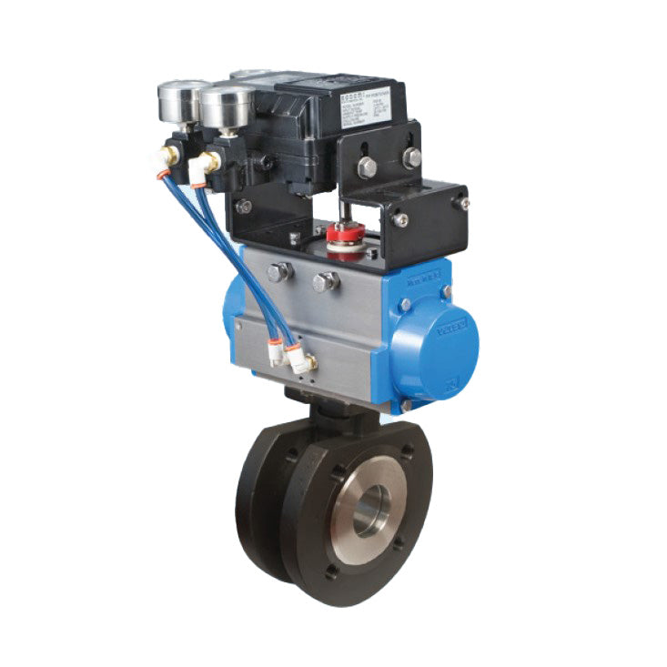 BONOMI V-PORT CONTROL VALVE WITH VALPRES 724102 WAFER STYLE FLANGED ANSI CLASS 150 CARBON STEEL BALL VALVE AND VALBIA PNEUMATIC ACTUATOR WITH PNEUMATIC POSITIONER