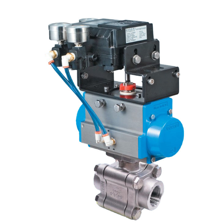 BONOMI V-PORT CONTROL VALVE WITH SERIES 730LL 3-PIECE ENCAPSULATED BOLTS NPT ST. ST. BODY BALL VALVE AND VALBIA PNEUMATIC ACTUATOR WITH PNEUMATIC POSITIONER