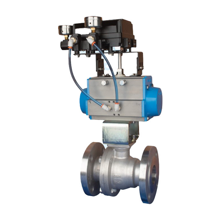 BONOMI V-PORT CONTROL VALVE WITH VALPRES SERIES 760021 SPLIT BODY FLANGED ANSI CLASS 150 ST. ST. BODY BALL VALVE AND PNEUMATIC ACTUATOR WITH PNEUMATIC POSITIONER