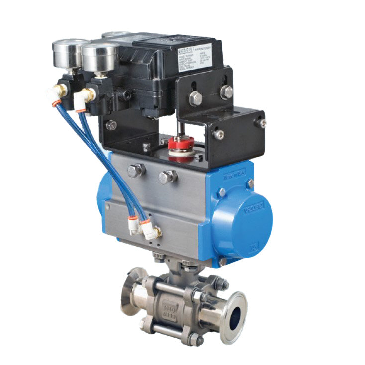 BONOMI V-PORT CONTROL VALVE WITH SERIES 770 3-PIECE SANITARY TRI-CLAMP NON-CAVITY FILLED ST. ST. BODY BALL VALVE AND VALBIA PNEUMATIC ACTUATOR WITH PNEUMATIC POSITIONER